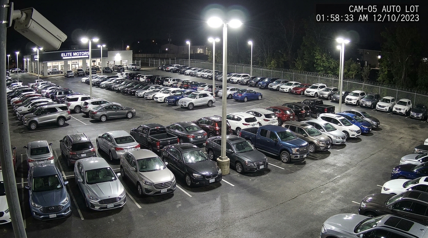 Automotive dealership lot under surveillance illumination