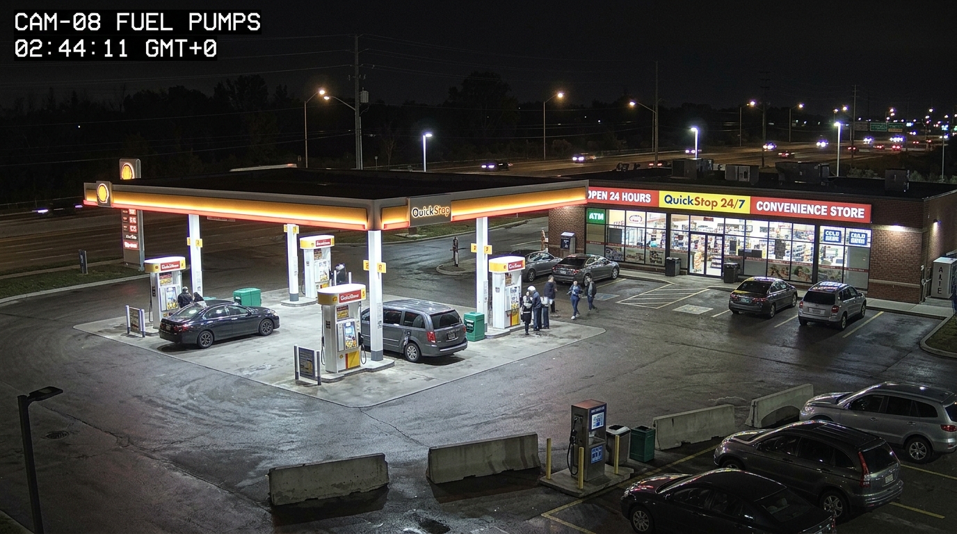 Night gas station CCTV feed with illuminated pumps