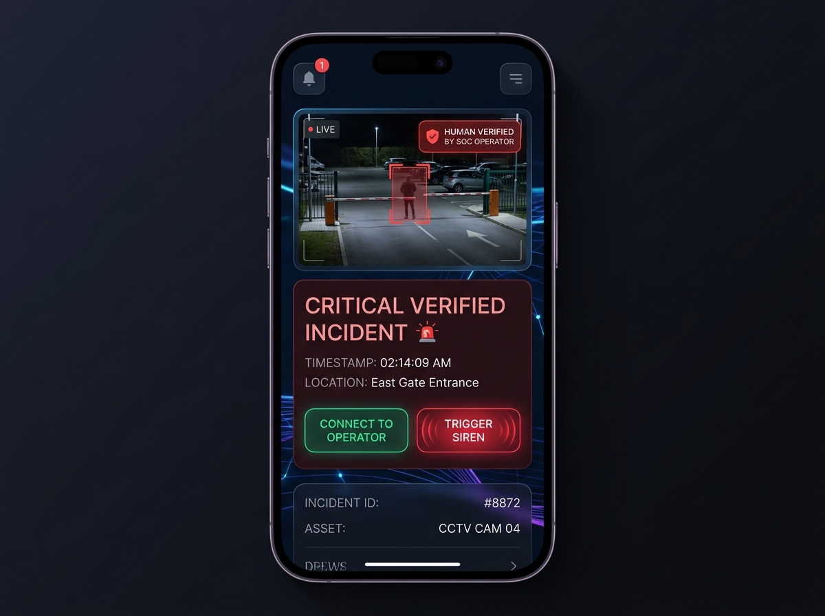 Instant mobile security alert notification on smartphone screen with live verified video feed