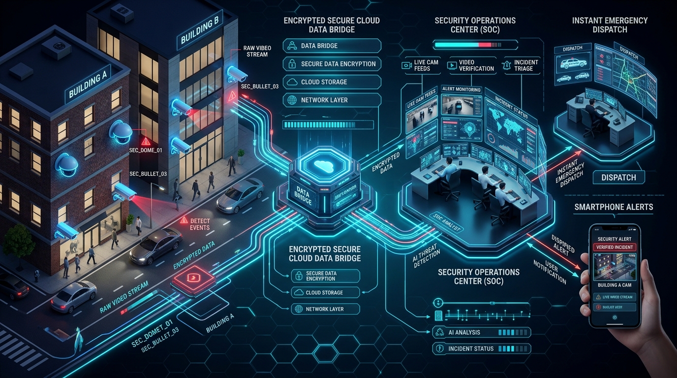 Eunoia Vigil CCTV Network Connection Architecture: Existing Cameras to Cloud Bridge to Operations Center