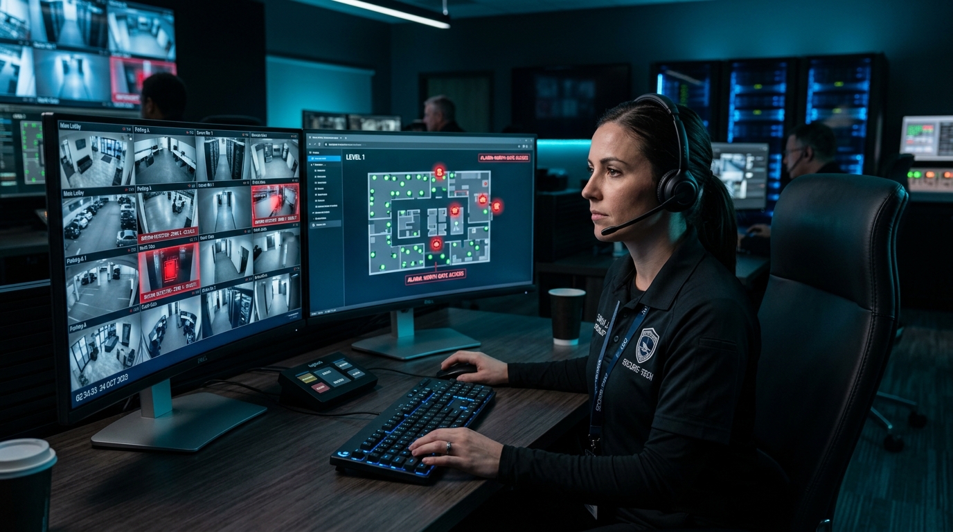 Professional security monitoring operator at workstation with dual monitors