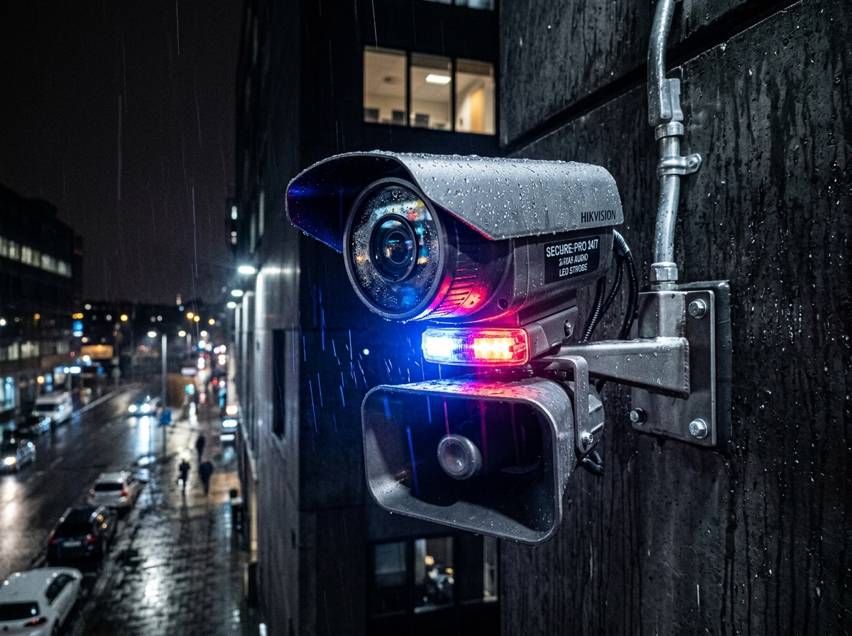 Commercial outdoor security camera with two-way voice horn speaker and strobe light