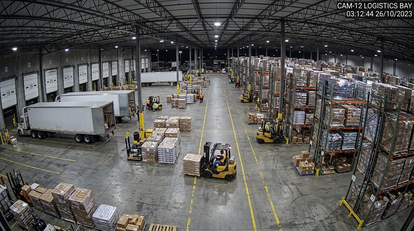 Industrial warehouse camera view of pallets and loading docks